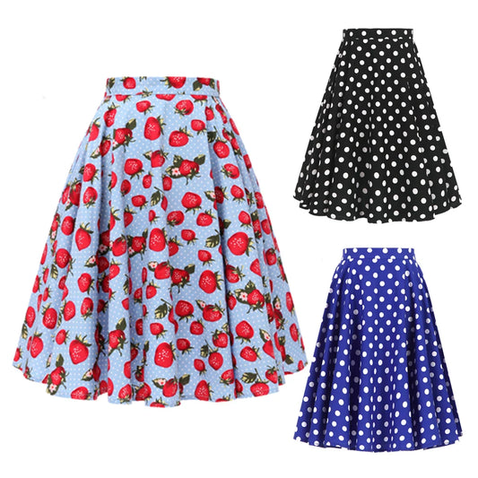Summer Fruit Blue Strawberry Print Tunic Midi 50s 60s Swing Skirts High Waist Vintage Pin Up Rockabilly Women Skirt 2022